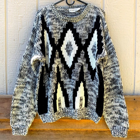 Vintage black white gray chevron chunky knit crewneck oversized grandpa sweater - Picture 2 of 16